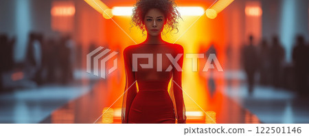 Female model wearing an orange dress Female model wearing an orange dress 122501146