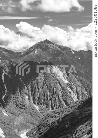 Climbing Mount Yari, one of Japan's 100 famous mountains; Mount Jonen seen from the ridgeline of Mount Nakadake and Mount Okui; for newspaper advertisement Climbing Mount Yari, one of Japan's 100 famous mountains; Mount Jonen seen from the ridgeline of Mount Nakadake and Mount Okui; for newspaper advertisement 122501368