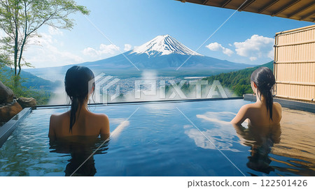 一位女性從露天浴池望向富士山的背影。溫泉之旅圖片 122501426