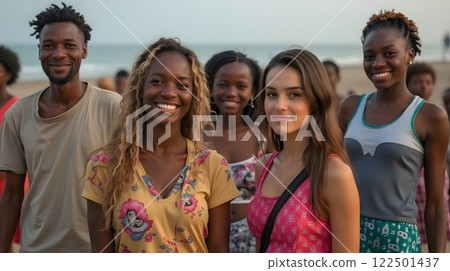 Diverse Group of Friends Smiling at the Beach 122501437