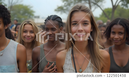Diverse Group of Young Women Smiling Together Outdoors 122501438