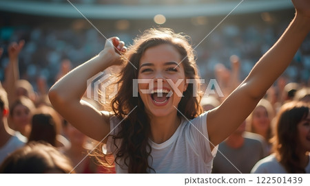 Excited Young Woman Cheering at Outdoor Concert 122501439
