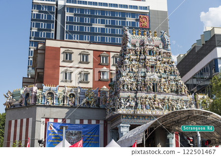 Building view of the Sri Veeramakaliamman Temple in Little India, Singapore, a shrine dedicated to the Hindu goddesses Kali and Parvati. Building view of the Sri Veeramakaliamman Temple in Little India, Singapore, a shrine dedicated to the Hindu goddesses Kali and Parvati. 122501467