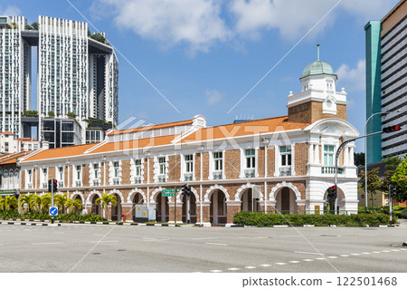 Building view of the Jinrikisha Station in Chinatown, Singapore. Formerly the main station for rickshaws, now it has been renovated into a shopping and recreational center. Building view of the Jinrikisha Station in Chinatown, Singapore. Formerly the main station for rickshaws, now it has been renovated into a shopping and recreational center. 122501468