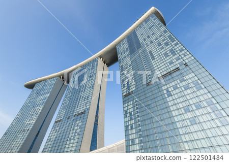 Building view of the Marina Bay Sands Hotel, Singapore, includes three towers topped by the Sands Skypark, a skyway, and an infinity-edge swimming pool.  122501484