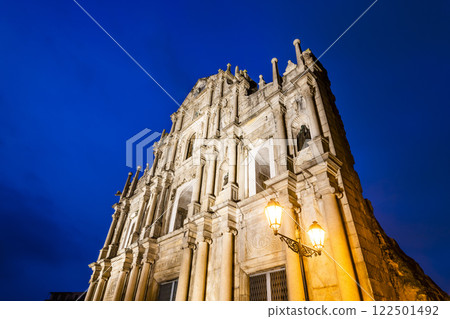 Night view of the ruins of St. Paul's a famous place in Macau, China. a historic architectural landmark of Macau. The place is one of the UNESCO World Heritage. 122501492