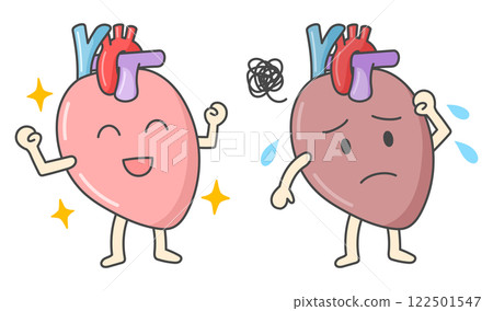 Comparison illustration of a healthy and diseased personified heart 122501547