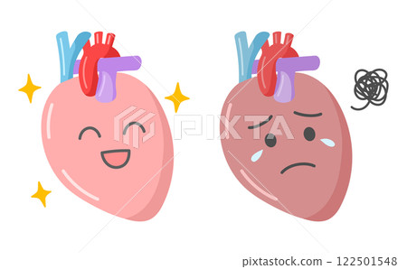 Cute illustration of a healthy heart compared to a diseased heart 122501548