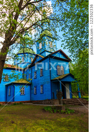 Old wooden church in Open air Museum of Folk Architecture and Folkways of Middle Naddnipryanschina in Pereyaslav, Ukraine 122502336