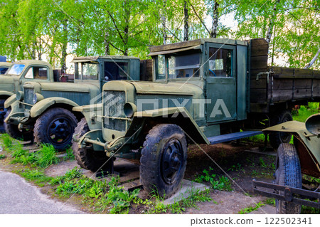Rusty soviet retro trucks in Open air Museum of Folk Architecture and Folkways of Middle Naddnipryanschina in Pereyaslav, Ukraine Rusty soviet retro trucks in Open air Museum of Folk Architecture and Folkways of Middle Naddnipryanschina in Pereyaslav, Ukraine 122502341