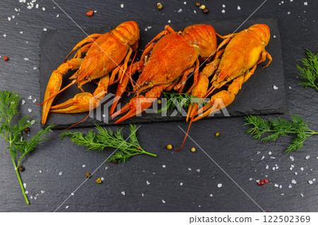 Red boiled crayfish with dill and spices on black slate background. Top view 122502369