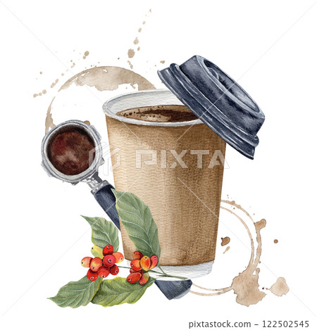 Watercolor composition of coffee branch with beans, paper cup of coffee, coffee holder in the back and coffee stains Watercolor composition of coffee branch with beans, paper cup of coffee, coffee holder in the back and coffee stains 122502545