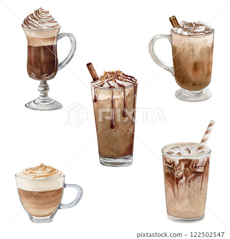 Watercolor set of hot coffee with marshmallows, iced coffee, Irish coffee with cream foam, mocha frappuccino with cinnamon, caramel topping, and cappiccino Watercolor set of hot coffee with marshmallows, iced coffee, Irish coffee with cream foam, mocha frappuccino with cinnamon, caramel topping, and cappiccino 122502547