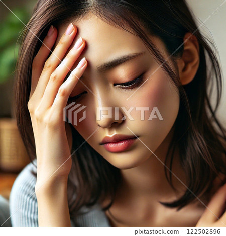 Facial expression of a tired woman "AI generated image" 122502896