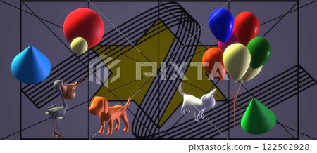 CG image Combination of 2D figures and 3D images with lighting effects and color CG image Combination of 2D figures and 3D images with lighting effects and color 122502928