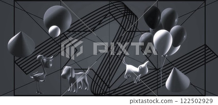 CG image: A combination of 2D figures and 3D images with lighting effects, monochrome CG image: A combination of 2D figures and 3D images with lighting effects, monochrome 122502929