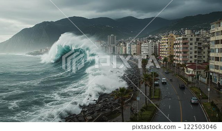 A huge tsunami hits the coast 122503046