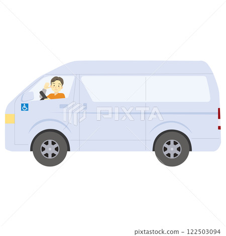 A driver waving from a welfare vehicle on the way to and from a home nursing service (with wheelchair mark) Male _ Treatment _ Medical 122503094