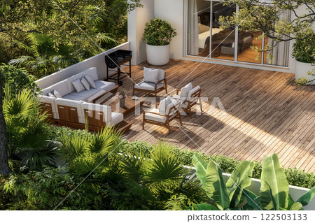 Modern contemporary large wooden terrace surrounded by lush forest 3d render Modern contemporary large wooden terrace surrounded by lush forest 3d render 122503133