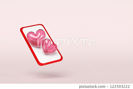3d mobile phone with red double heart isolated on pink background. Happy valentine's day concept, 3d illustration render 122503222