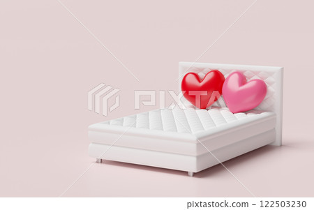 bed with double heart shaped pillows isolated on pink background. happy valentine's day concept, 3d illustration render bed with double heart shaped pillows isolated on pink background. happy valentine's day concept, 3d illustration render 122503230