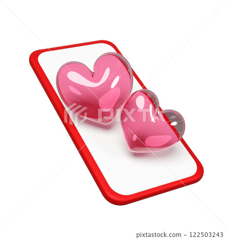 3d mobile phone with red double heart isolated. Happy valentine's day concept, 3d illustration render 122503243