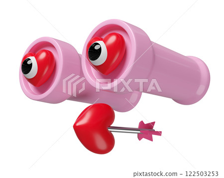 binoculars with heart shaped eyes, arrows isolated. Happy valentine's day concept, 3d illustration render 122503253
