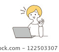 A woman operating a laptop and making an OK sign Illustration 122503307