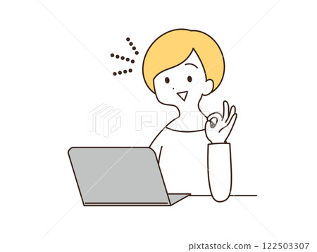 一位女士操作筆記型電腦並做出“OK”手勢插圖 一位女士操作筆記型電腦並做出“OK”手勢插圖 122503307