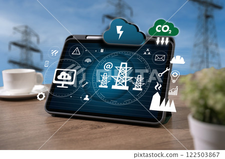 electric powre IndustryEnergy and Smart Grid Technology cloud with CO2 on it. A tablet with a blue screen electric powre IndustryEnergy and Smart Grid Technology cloud with CO2 on it. A tablet with a blue screen 122503867