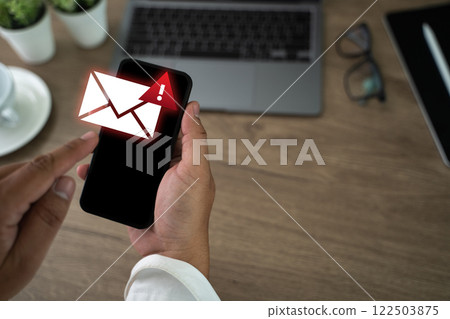 men using smartphones warning alert, email hack SMS spam, fake text message phishing 122503875