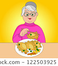 Granny eating dumplings with onion and carrot, vector cartoon illustration 122503925