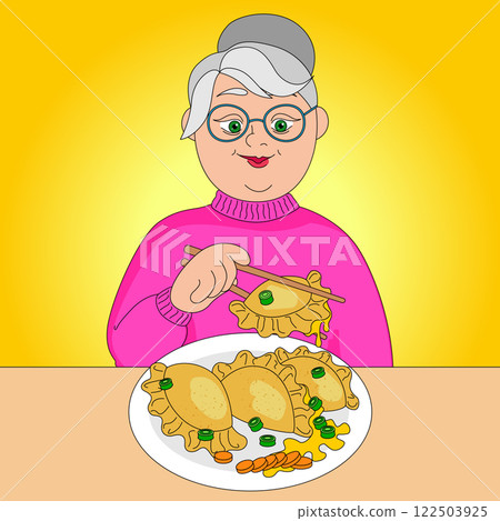 Granny eating dumplings with onion and carrot, vector cartoon illustration Granny eating dumplings with onion and carrot, vector cartoon illustration 122503925