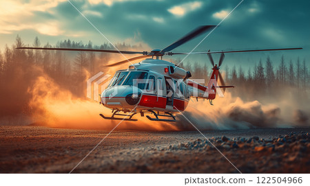 Modern ambulance helicopter taking off amid dust clouds in a rugged landscape during golden hour 122504966