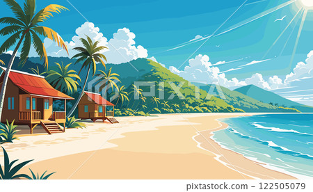 Tropical Beach Scene with Lounge Chairs and Umbrella 122505079
