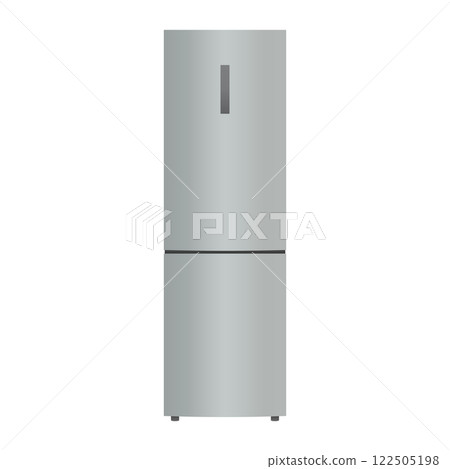 A sleek silver refrigerator with a minimalist design, featuring a top freezer compartment 122505198
