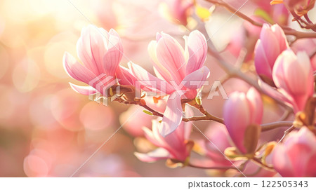 Beautiful close-up of pink magnolia flowers in full bloom, illuminated by warm golden sunlight with a soft blurred background creating a dreamy spring atmosphere. Beautiful close-up of pink magnolia flowers in full bloom, illuminated by warm golden sunlight with a soft blurred background creating a dreamy spring atmosphere. 122505343