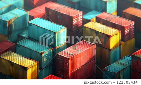 Stacks of colorful old shipping containers, top view . 122505434
