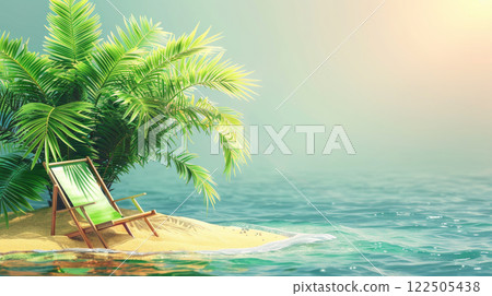 A beach chair stand next to a green palm tree on a sand island in the middle of the tropical sea. 122505438