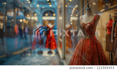 Mannequin with luxury dress in a shop window showcase of mall market. 122505453