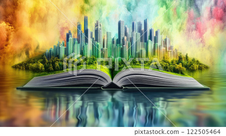 Abstract image of an open book with a modern city landscape. 122505464