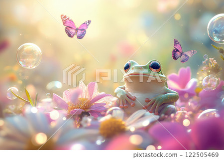 Cute fat frog is having fun in the field of flowers, bubbles and butterflies. Beautiful fauna and flora. 122505469