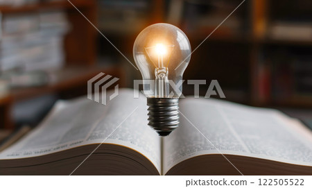 Light bulb on the open book at library. Concept idea of reading books, knowledge, and searching for new ideas. Light bulb on the open book at library. Concept idea of reading books, knowledge, and searching for new ideas. 122505522