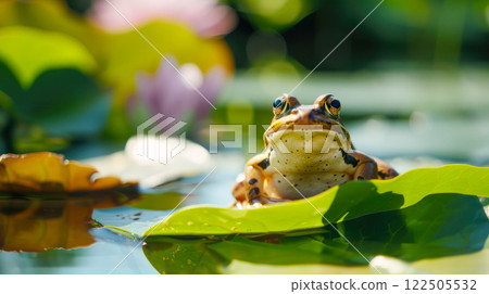 The frog basks in the sun sitting on a green lotus leaf. The frog basks in the sun sitting on a green lotus leaf. 122505532