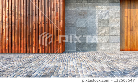 Exterior of modern house with decorative wooden panels on wall and cobblestone path. 122505547