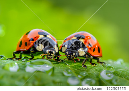 Couple of ladybugs on a wet green leaf. Close-up view. 122505555