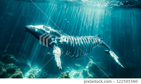 Whale skeleton swimming underwater in a deep blue ocean. 122505560