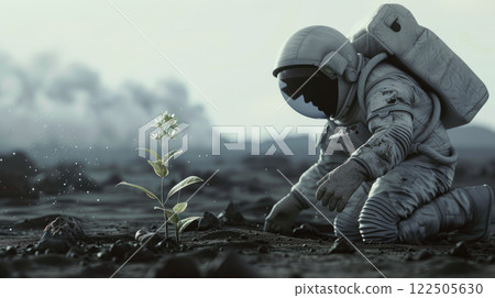 An astronaut is kneeling down looking at plant growing up out of the desolate ground on the alien planet. 122505630