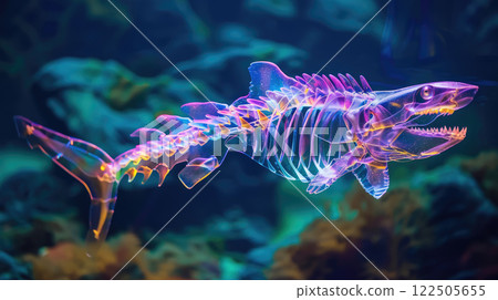 Neonic shark skeleton swimming underwater in a sea. 122505655