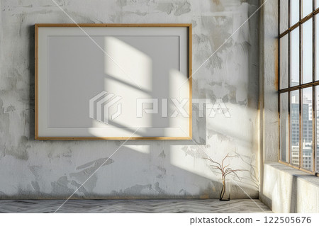 Simple minimalist aesthetic frame mockup poster hanging on the wall lit by sunlight. 122505676